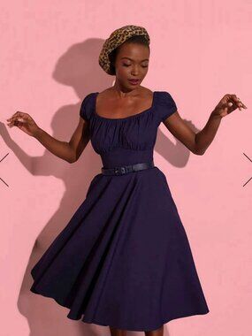 Vixen by Micheline Pitt Navy Peasant Swing Dress, New!
